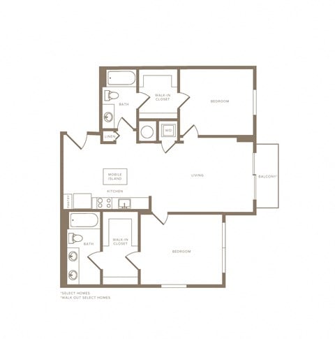 Floor plan for 2 beds, 2 baths, 1117 sqft